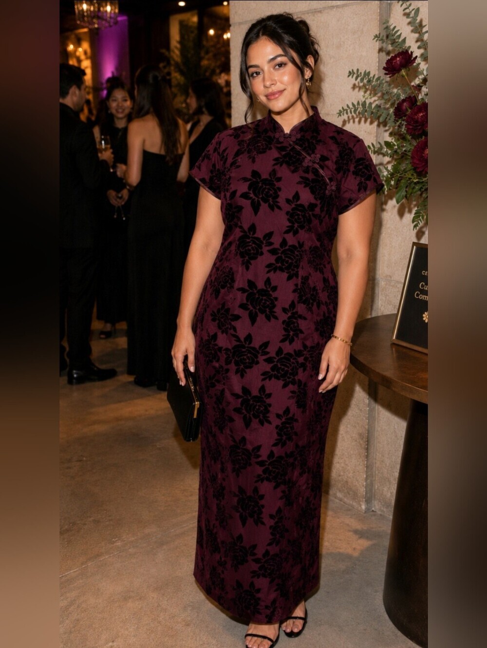 Robbie Bee Burgundy Floral Velvet Maxi Dress